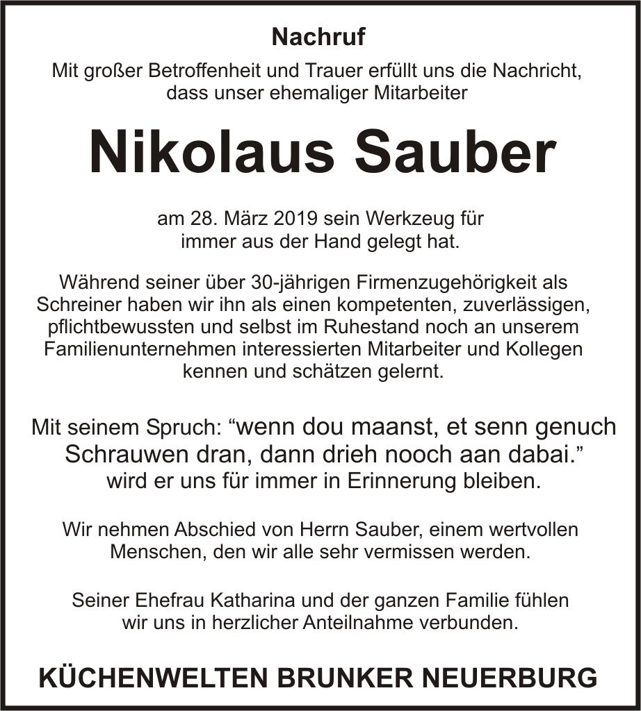 Nachruf Nikolaus Sauber