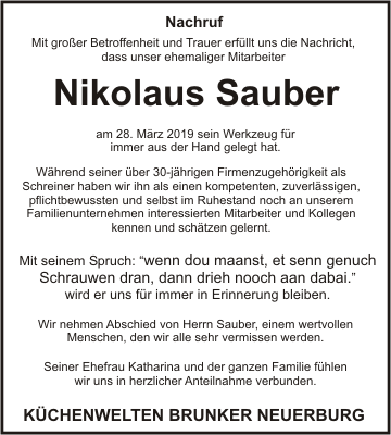 Nachruf Nikolaus Sauber